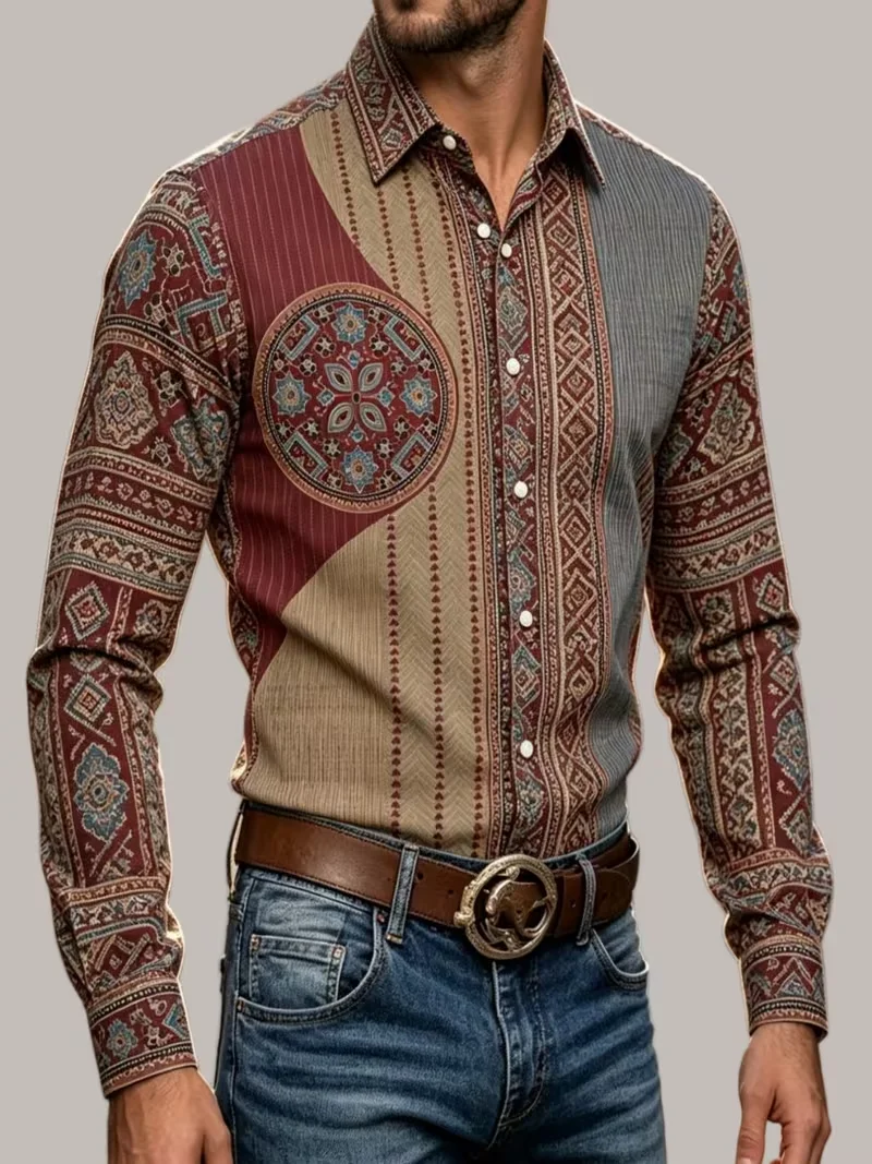 New men's modern style long sleeved shirt with white background, red and black polka dot line pattern lapel top
