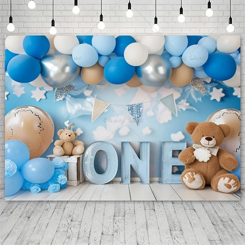 Blue Balloon Happy Birthday Bear Background Cloth Suitable For Birthday Party Baby Shower Holiday Decoration Photo Props