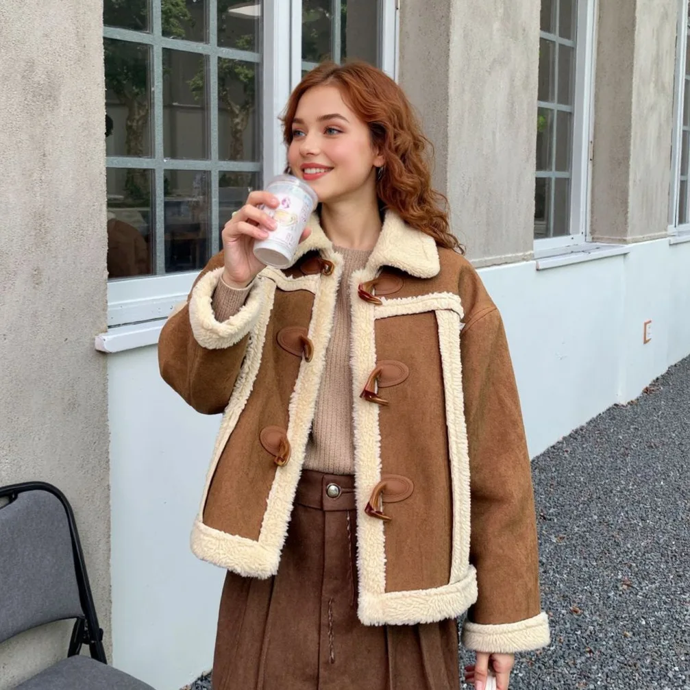 

Женская свободная замшевая куртка из меха ягненка, винтажная замшевая куртка из козьего меха с роговой пряжкой для женщин, верхняя одежда из овчины, женская