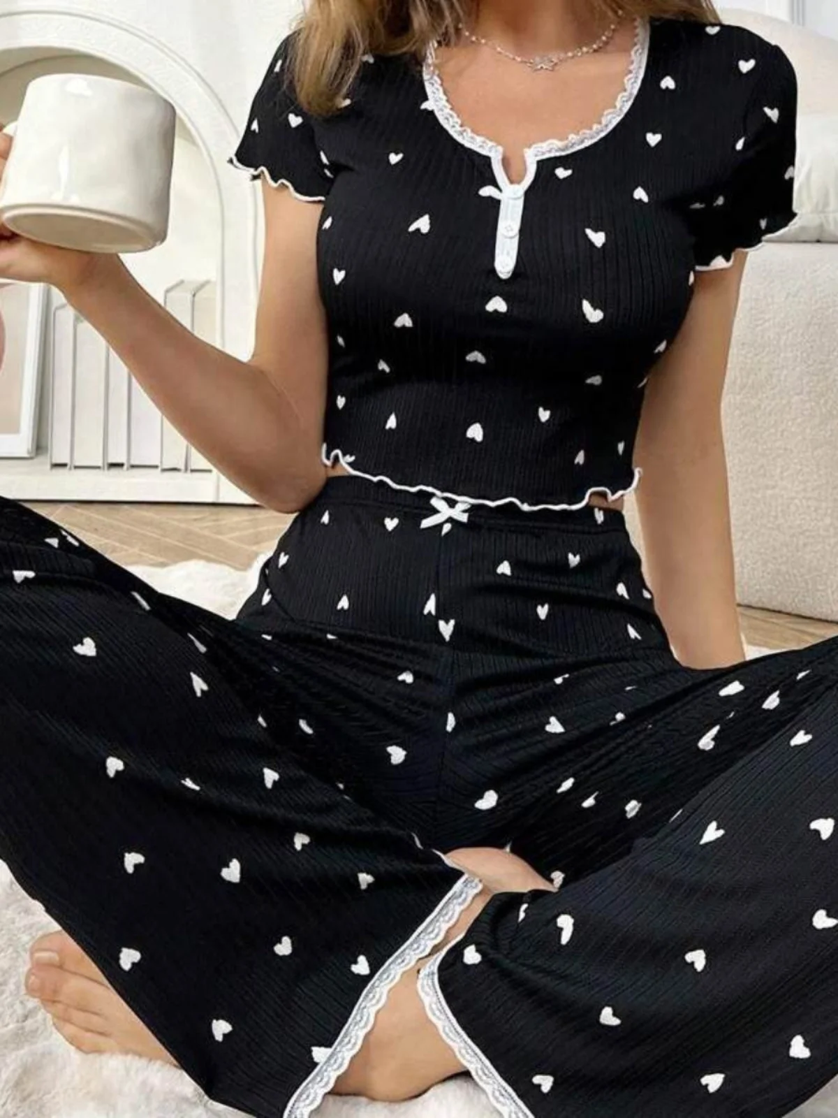 

Women's Long Sleeve round Neck Home Clothes Set Short Sleeve Long Pants Pajamas Autumn Season Casual Wear Made in China