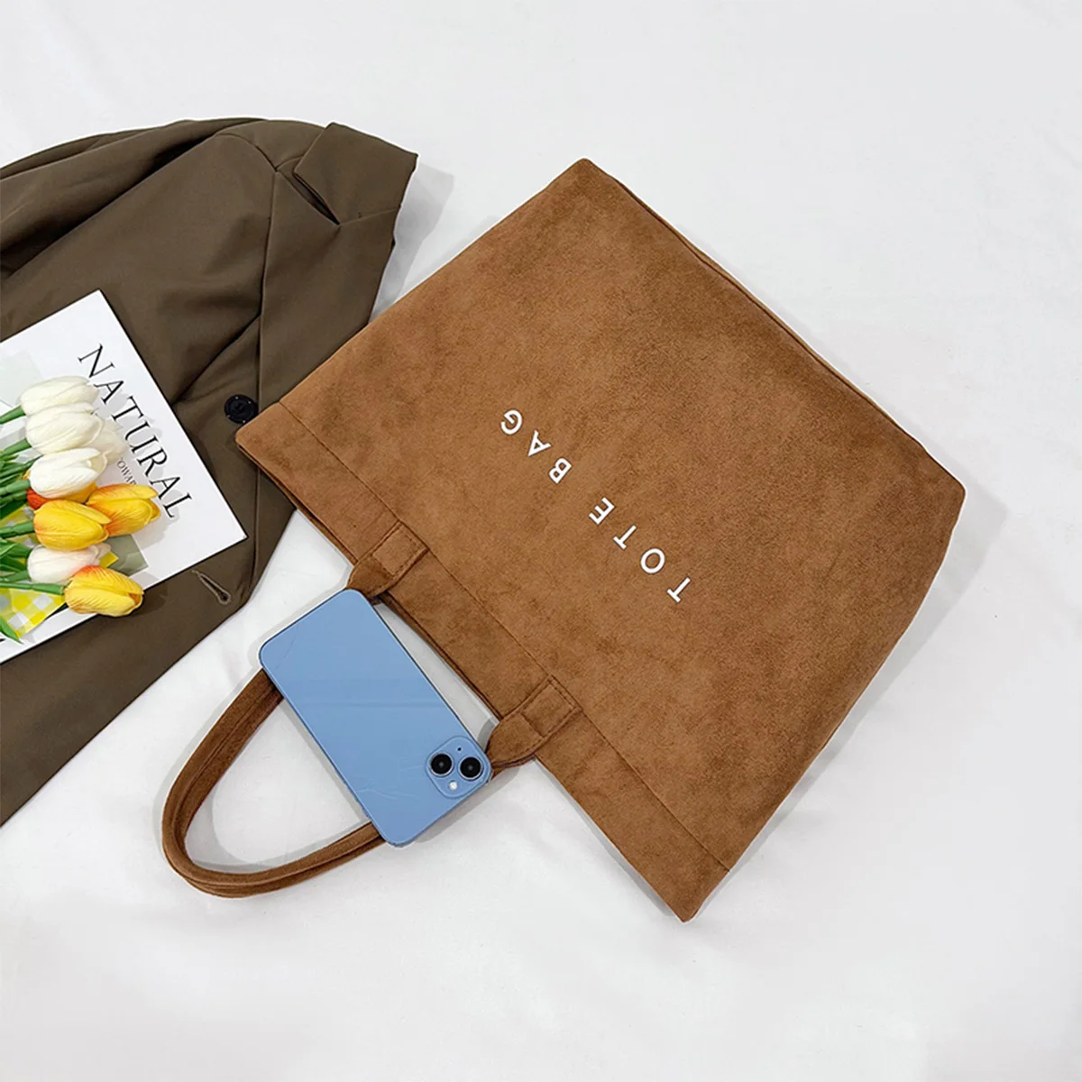 Magnetic Clasp Casual Suede Tote Bag with Solid Color Letter Print Large Capacity Versatile Daily Commute Shopping image 3