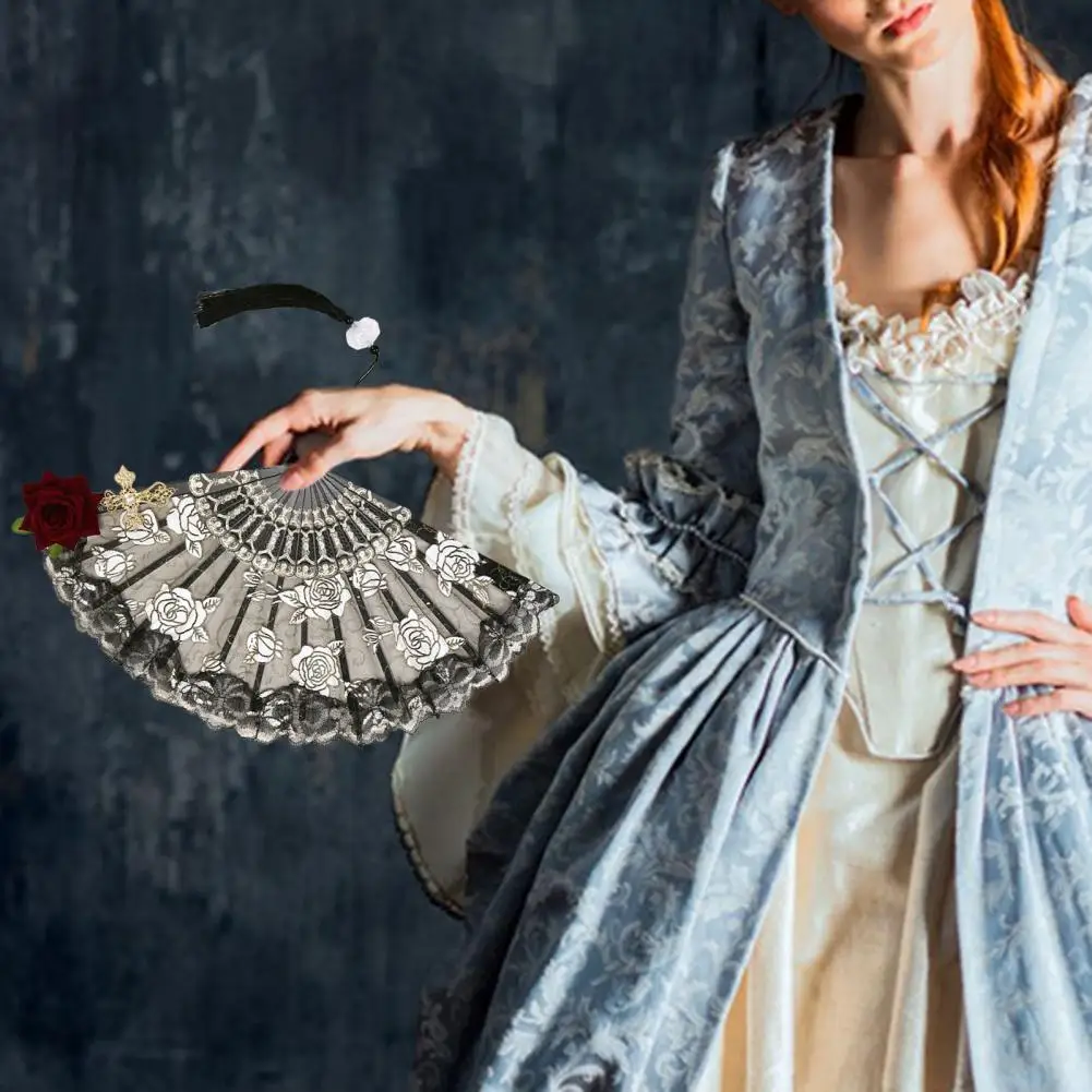 

Handheld Fan Retro Royal Palace-Style Lace Flower Embroidery Fake Rose Decor Lace Fan Home Decor Events Tea Party Photo Prop