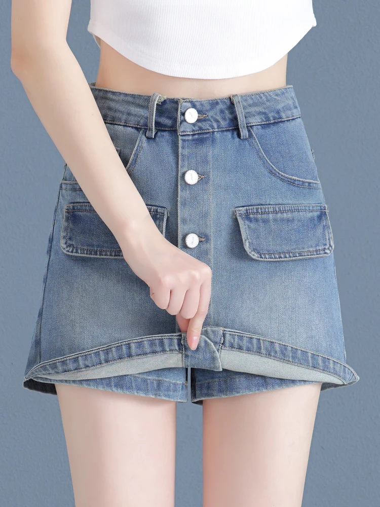 

High Waist A-Line Denim Skirt Pants Women's Summer Fashion Thin Cotton Polyester Blend Breathable Straight Leg Jeans Skirt