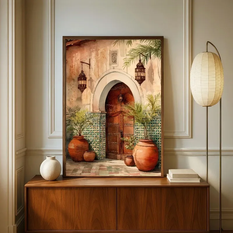 Moroccan Green Door  Archway Art Poster Canvas Painting Print Islamic Architecture Watercolor for Living Room Home Decor Cuad