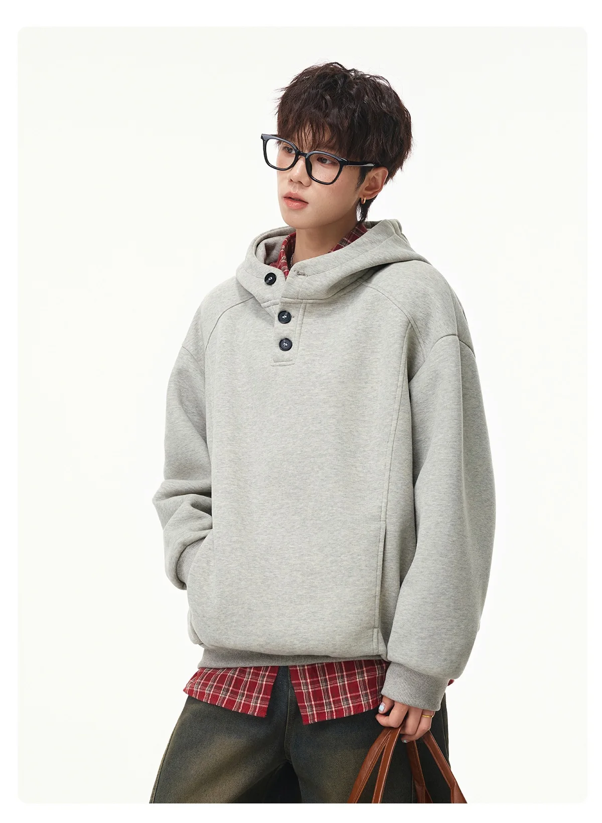 Autumn Winter New Button Half High Neck Hoodie for Men Korean Fashion Harajuku Simple Solid Men's Casual Loose Hooded Sweatshirt