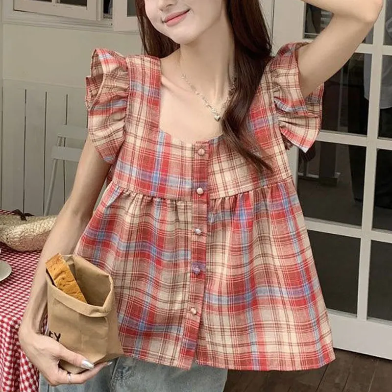 Stylish Flying Sleeve Plaid Blouse Summer Casual Spliced Female Clothing Loose Elegant Square Collar Basic Single-breasted Shirt