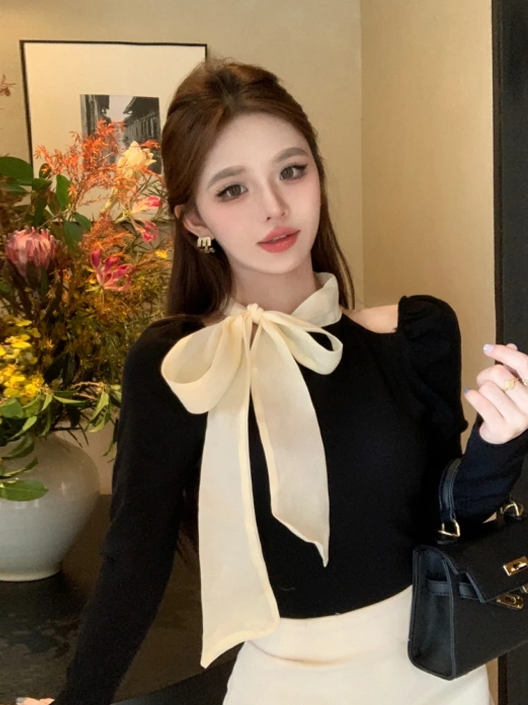 French Style Long Sleeve  Knot Tie Dye Splice Slim Fit Base Shirt Women's Inner Wear Top Fashionable Elegant Design