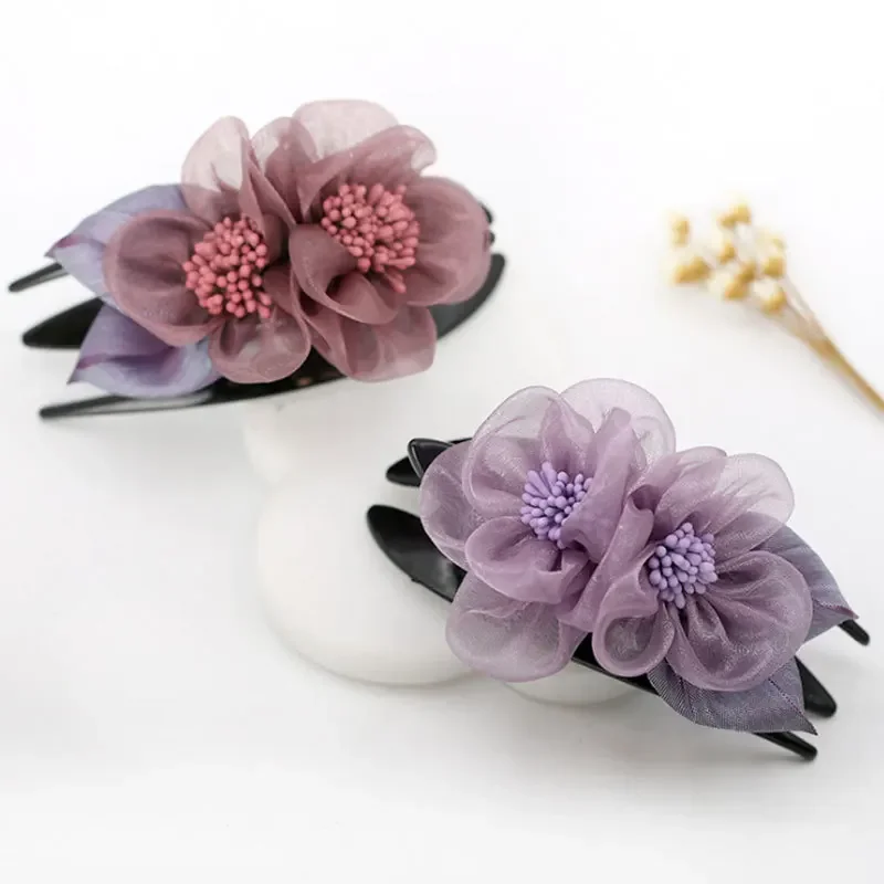 Fashion Silk Yarn Flower Hairpin Hair Accessories for Women Retro Elegant Acrylic Duckbill Clip Headwear Mom Jewelry Tiara Gift