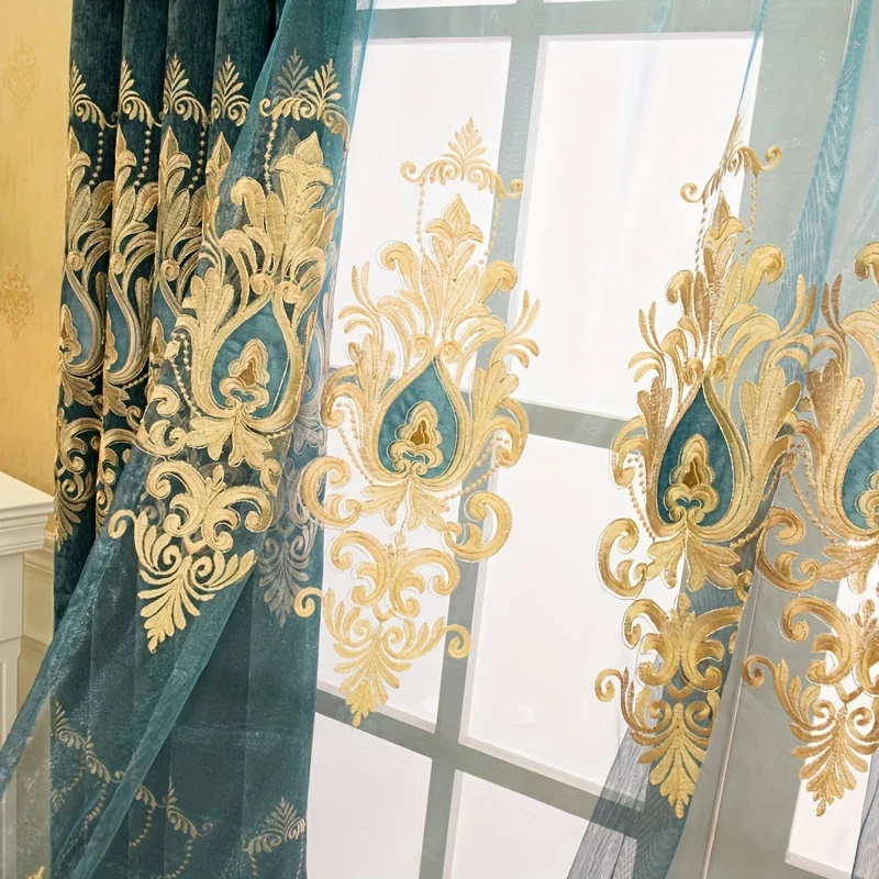 High Light Blocking Embroidered Curtain, European Luxury Vintage Style, Living Room Bedroom Partition, Cloth and Mesh Integrated