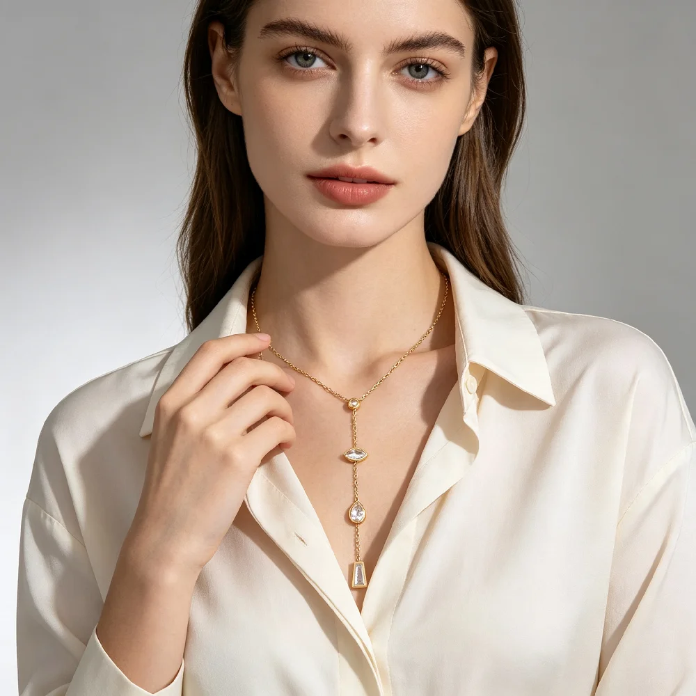 1 Stück AENSOA Damen Edelstahl Halskette Zierliche Geometrische Zirkon Anhänger Halskette Klassischer Romantischer Party Schmuck Geschenk – Detail 7