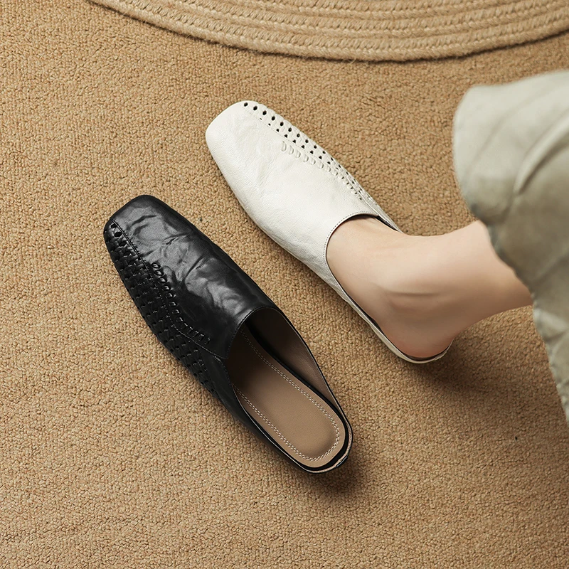 2026 new summer women sandals natural leather plus size 22-25.5cm sheepskin+pigskin square toe mules hollow-out women slippers
