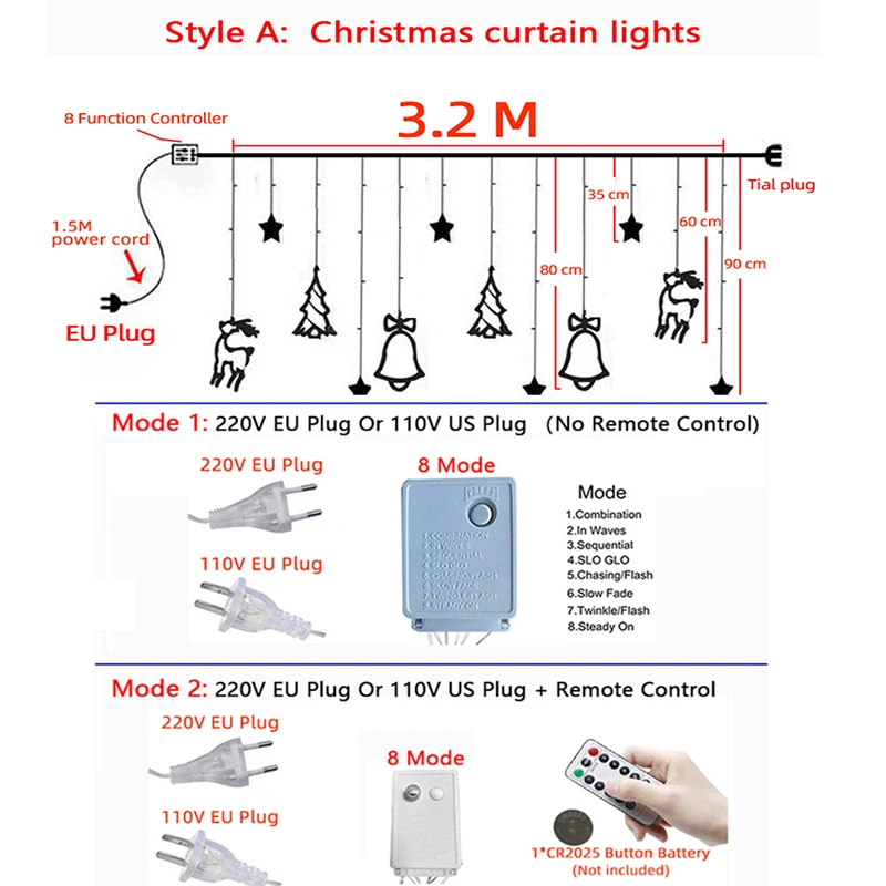 星と鹿の鐘が付いたLEDクリスマスライト,3.2m, 2020,花輪,妖精,カーテン,新年のパーティーのためのストリングライト,休日の装飾