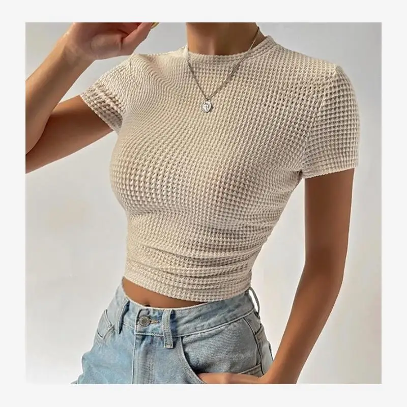 

Slim Fit round Ne Knitted ort Sve T-irt Women's Top Street Sle Pure Color Spring Summer Faion Casual Tee