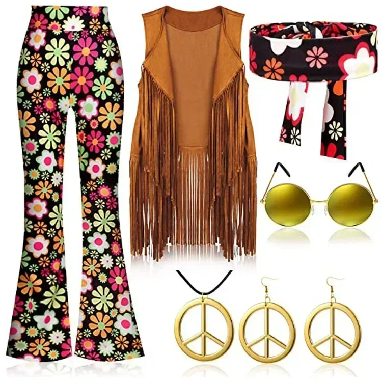 Hippie Disco 60s 70s Cosplay Kostuum Vrouwen Vrede Liefde Hip Indiase Kwasten Hippie Vest Ketting Bloem Krans Oorbellen Halloween