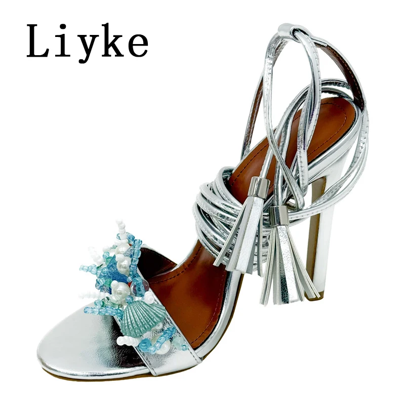 Liyke Sexy Tassels Ankle Cross Strap Sandals Women Fashion Starfish Shells Coral Open Toe Silver High Heels Banquet Party Shoes view 5