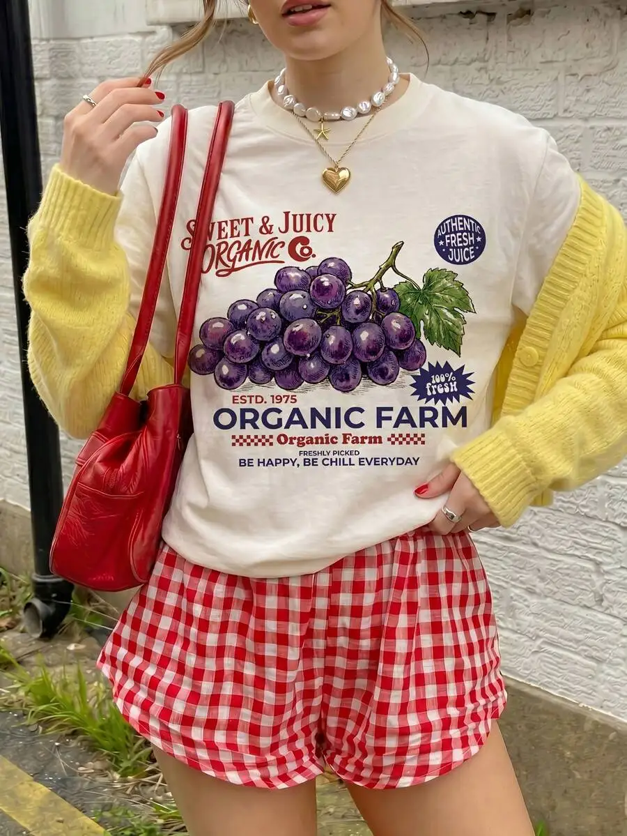 French Retro Grape Print Tee Women Niche Lazy Loose Fit Crew Neck Versatile Casual Short Sleeve Top