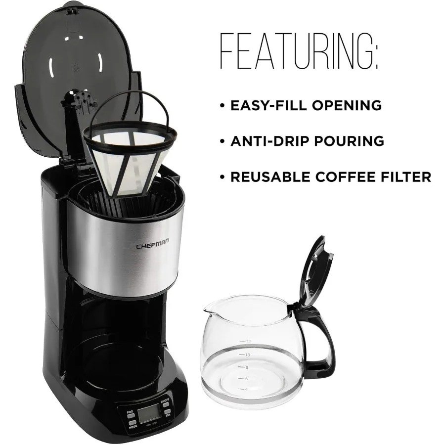 12カップのプログラム可能な電気コーヒーメーカー、LCDディスプレイと自動抽出機能付き、家庭用またはオフィス用、自動シャットオフ機能付きA