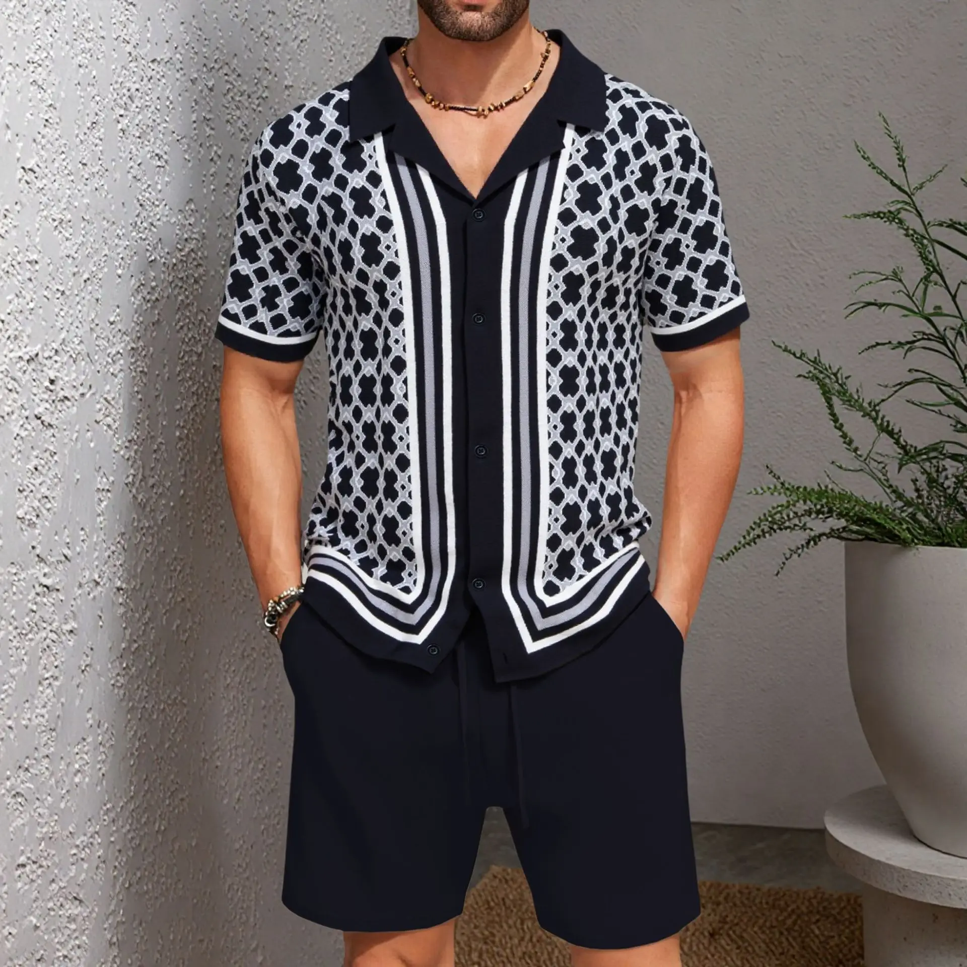 

New Fashion Men's Knitted Casual Trendy Loose 2 Piece Sets Cuban Collar Short Sleeve Single Breasted Tops Knee Length Shorts