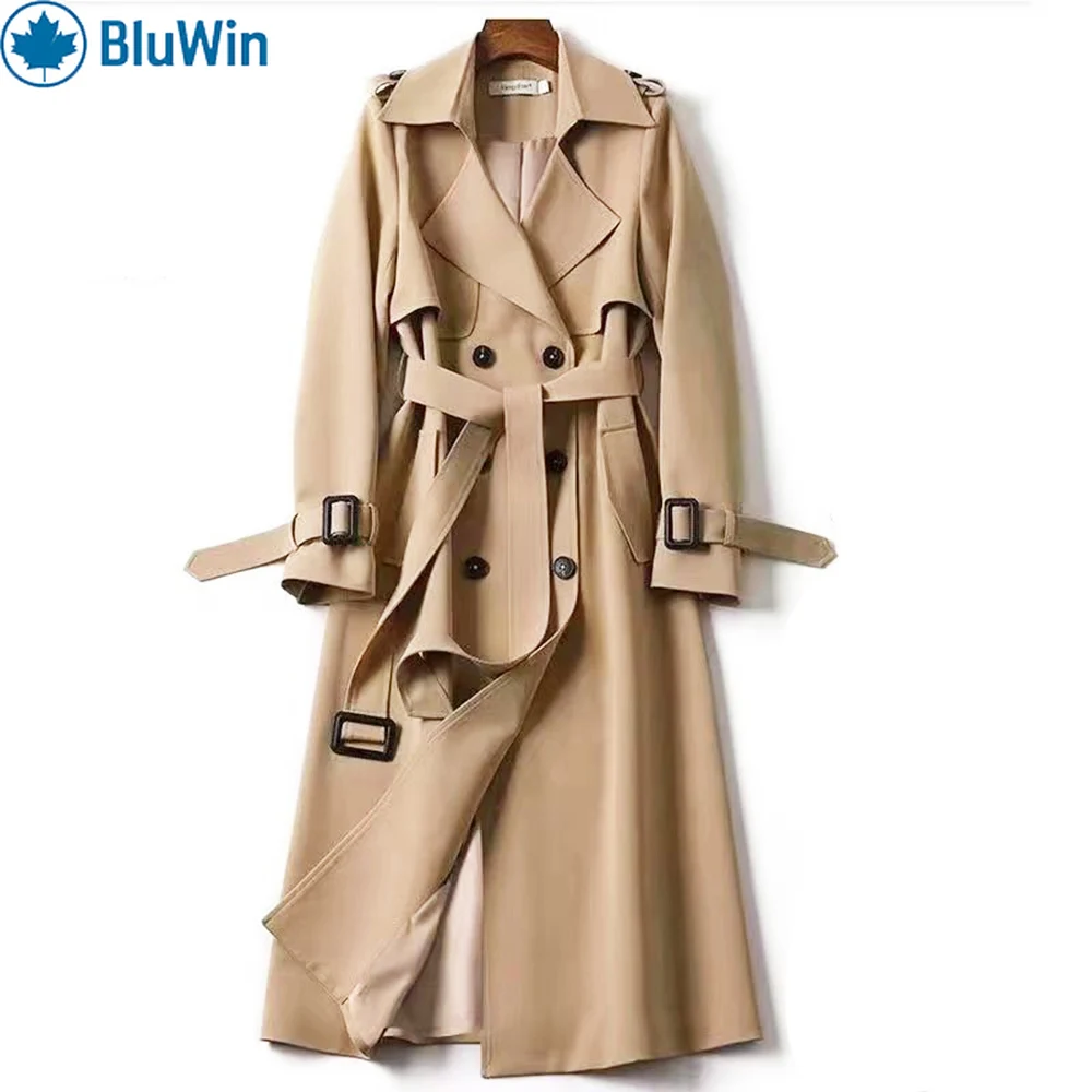 

Женский длинный плащ BluWin — пояс и пряжки, классический лацкан, на полной подкладке, осень/зима, 7 цветов