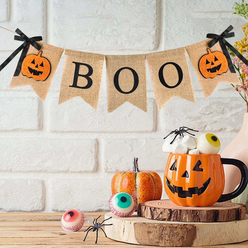 2M Halloween Banner Horror Pumpkin Ghost Face BOO Hemp Banner Hanging Garland For Halloween Party Home Haunted Houses Decor Prop