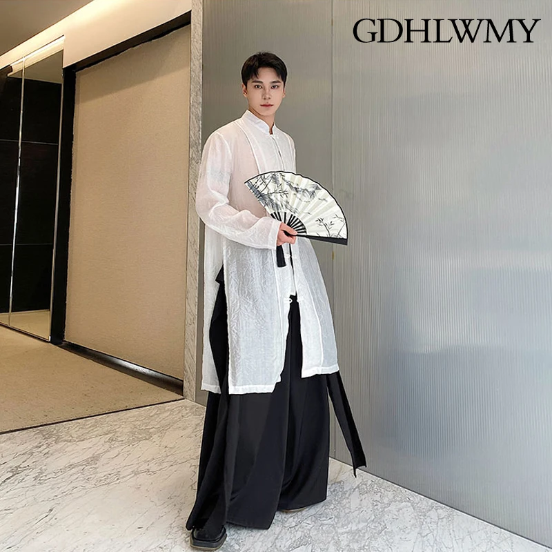 GDHLWMY Summer and autumn fashion men's clothing, Chinese style standing collar long sleeved organza Zen style long loose shirt