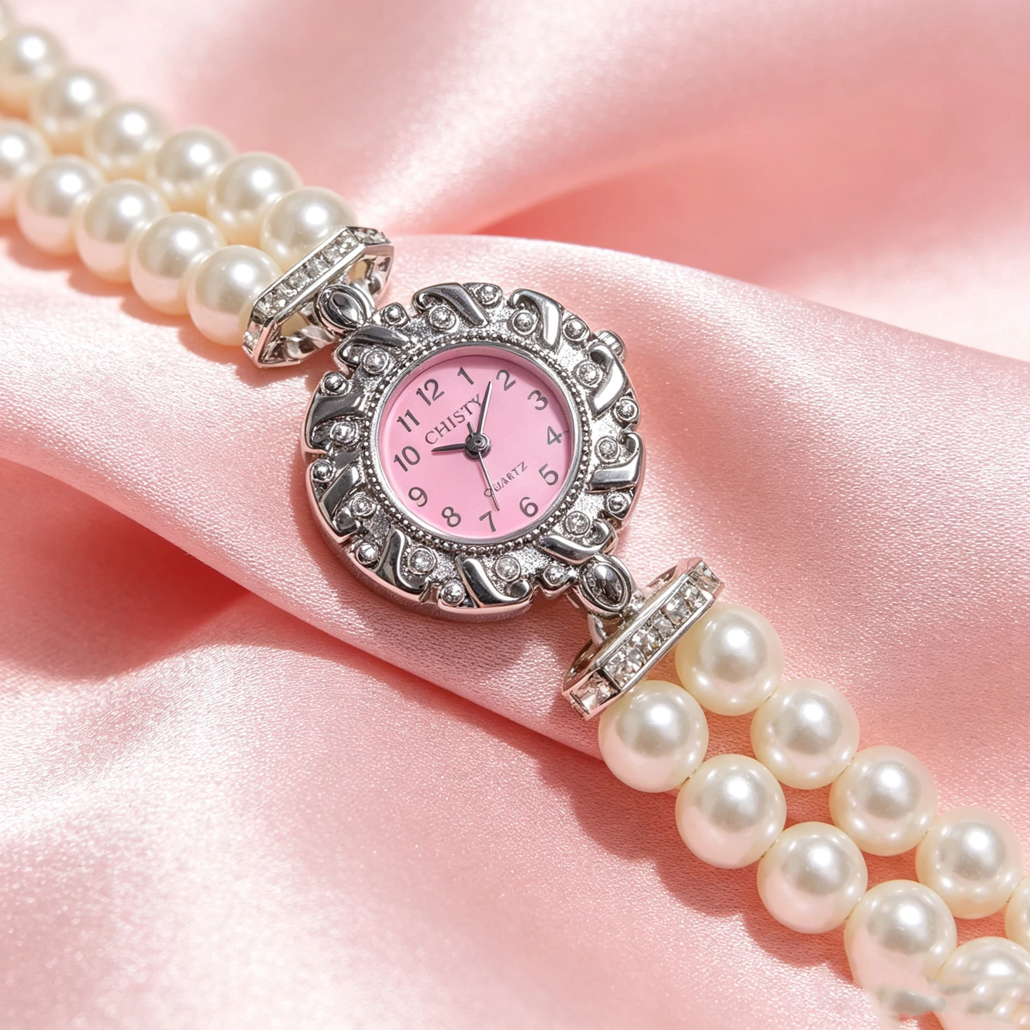 Fashion diamond-encrusted pearl bracelet and quartz wristwatch - suitable for fashionable and versatile women's timekeeping.