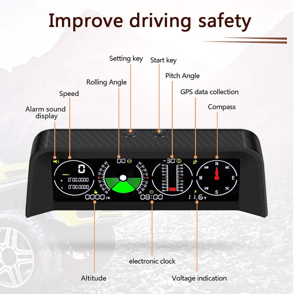 AD X90 GPS Head Up Display Speedometer Overspeed Alarm Slope Meter Inclinometer Car Compass HUD Pitch Angle Protractor Clock