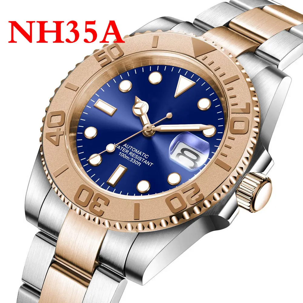 

BOTIONI Blue Mechanical Men's WatchNH35A 21 Jewels MIYOTA 8215 Two Tone Rose Gold Oyster Water Resistant Strap Ceramic Insert