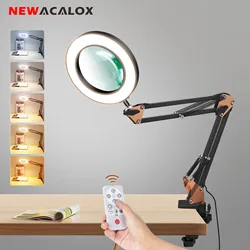 5X Magnifying Glass with Light&Table Clamp Remote Control Desk Magnifier Lamp Stepless Dimming Hands Free for Jewelry Soldering