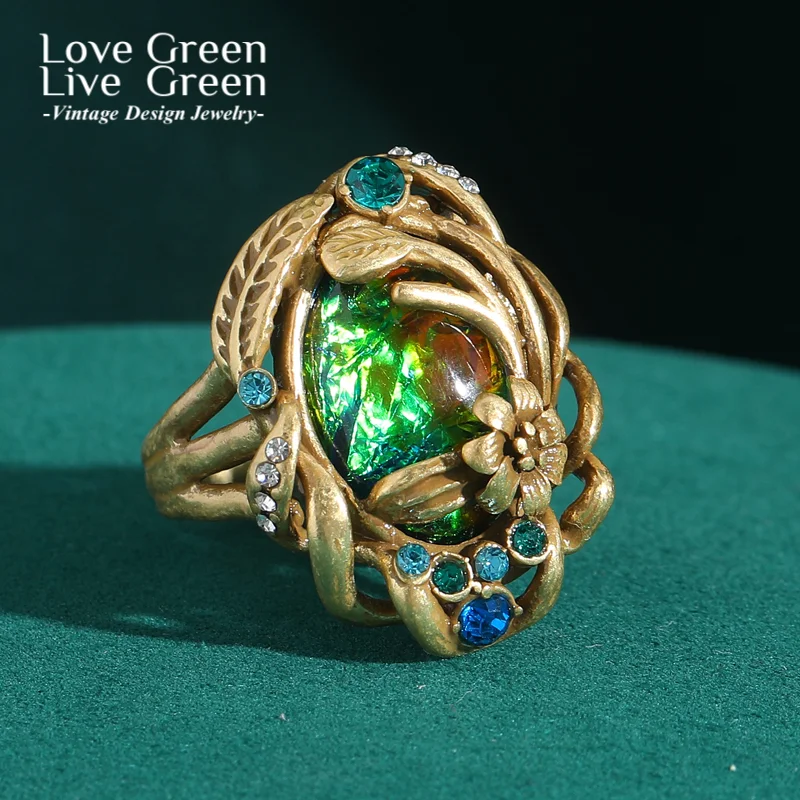

Vintage Green Abalone Shell Opal Rings Flower Branch Bohemia Antique Gold Color Luxury Jewelry For Women Accessories Wedding
