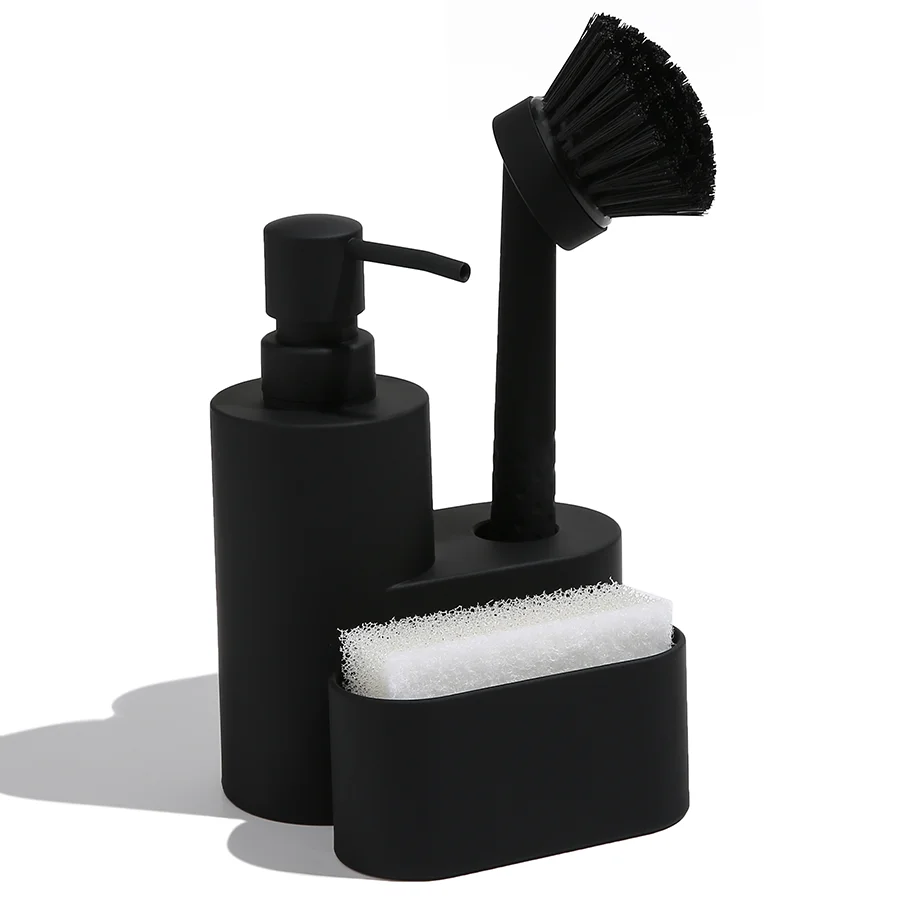 Modern Dish Soap Dispenser with Sponge Holder and Brush 3 in 1 Set for Kitchen Sink Countertop Organizer Matte Black