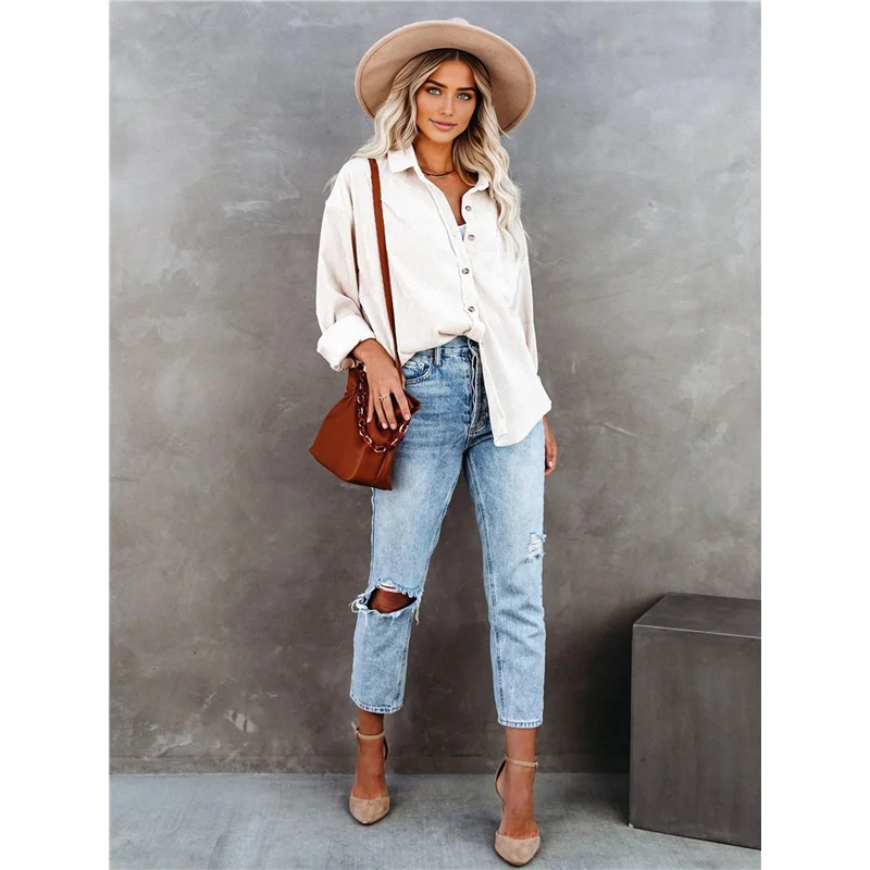 

ABRT-Womens Corduroy Button Down Shirts Boyfriend Long Sleeve Oversized Blouses Tops