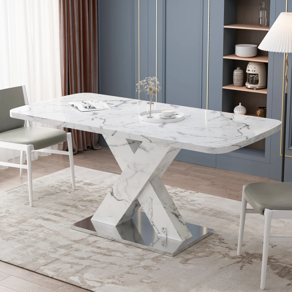 

Modern Square Dining Table, Stretchable, With Printed White Marble Table Top+MDF X-Shape Table Leg With Metal Base