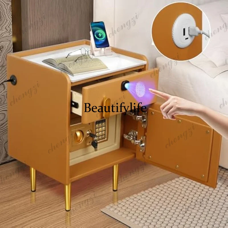 A68Smart Nightstand with Hidden Safe and Fingerprint Locking Drawer Leather Marble Tabletop for Bedroom Modern USB Charging Oran