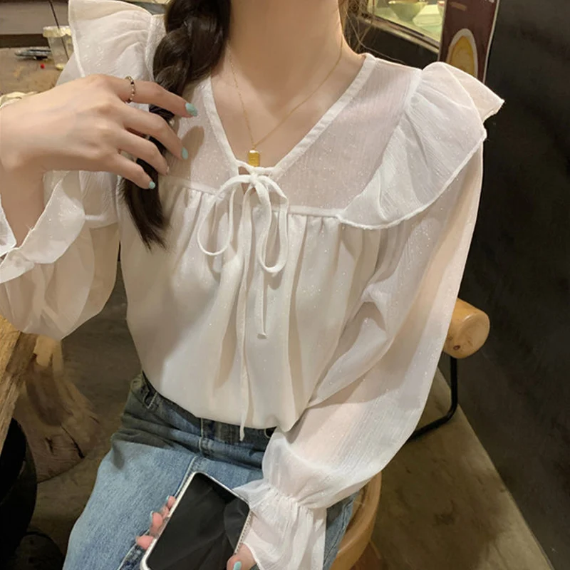 Autumn New Fashion Casual V-neck Chiffon Long Sleeved Shirt Korean Style Youthful Wind Vintage Elegant Loose Versatile Lady Top