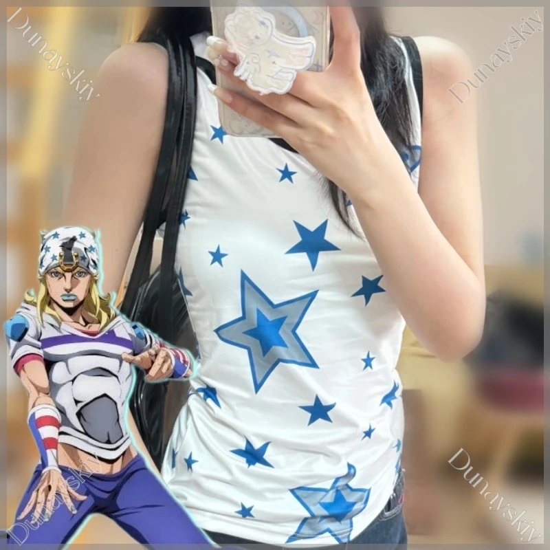 アニメ-jj-sbr-ジョナサン・ジョースターコスプレ衣装ノースリーブフード付きタンクデザインブルースターフルプリントユニセックス-y2k-トップ服日常