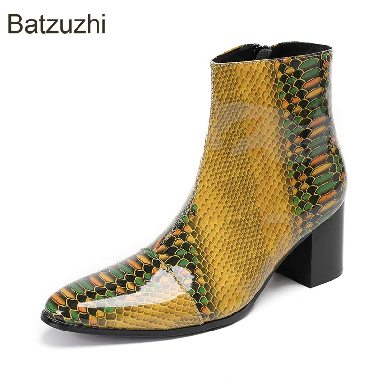 Batzuzhi 7cm High Heels Men's Boots Snake Pattern Gold Leather Boots Fashion Pointed Toe Botas Hombre!Men Party/Wedding