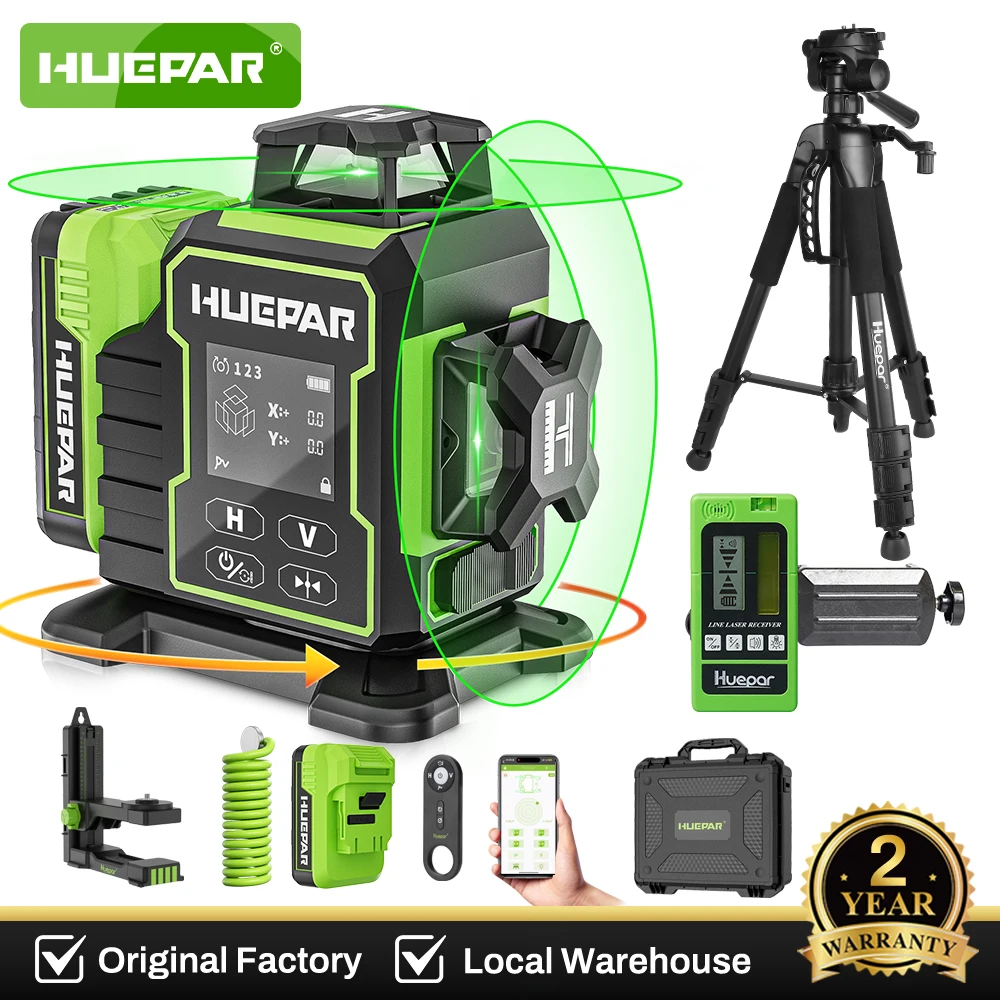 Huepar 3D 12 Linien Laser Level 360 ° Cross Lines Bluetooth Lazer Leveler mit elektrisch drehbarer Basis, großer LCD-Bildschirm, Fernbedienung W03CG