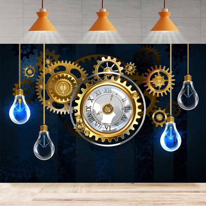 Photography Backdrop Antique Clock Gold Brass Gears Electric Vintage Bulbs Style Industrial Background Home Party Backdrop Wall