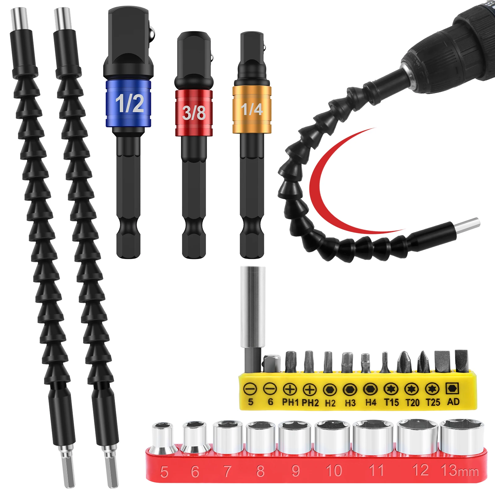 

26Pcs Flexible Drill Bit Extension Kit Quick Release Soft Shaft Screwdriver Kit with 12 Screwdriver Bits 9 Hex Socket Adapter