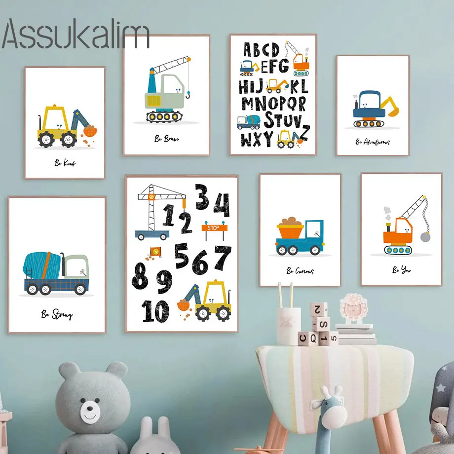 Toy Car Wall Art Blue Truck Canvas Pictures Alphabet Number Wall Poster Nordic Art Prints Nursery Posters Baby Boy Room Decor