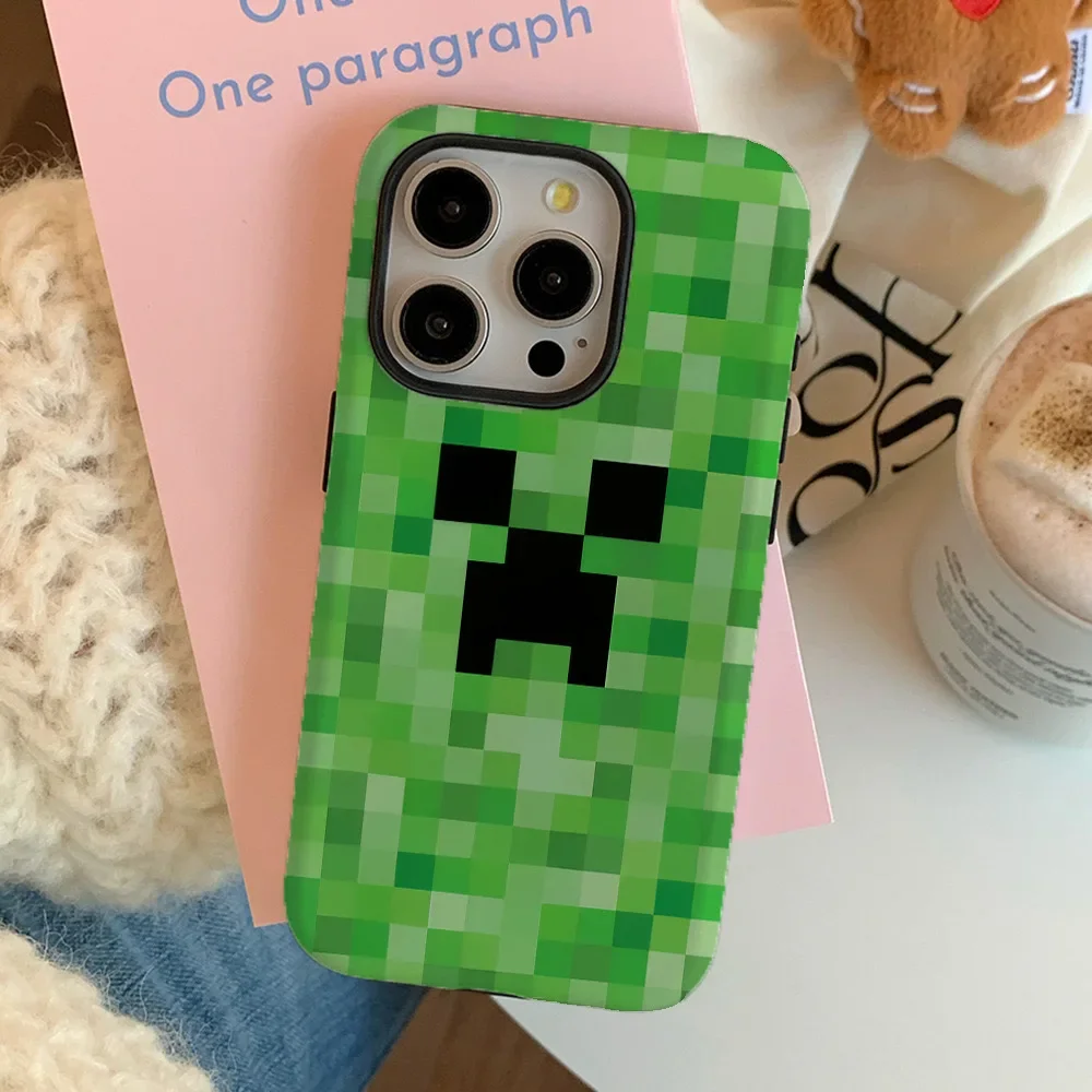 Green Pixel Monster Cartoon Phone Case for iPhone 16 15 14 13 12 11 Pro Max XS XR XSMax 6 7 8 Plus Glossy HD Hard PC Cover