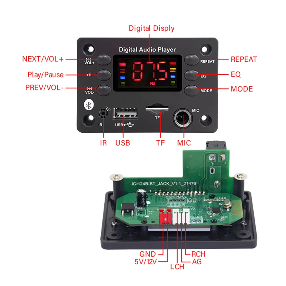 DC 5V 12V MP3 Player Bluetooth 5.0 Decoder Board Car FM Radio Lossless Audio Player DIY Kit Support USB TF AUX Remote Microphone