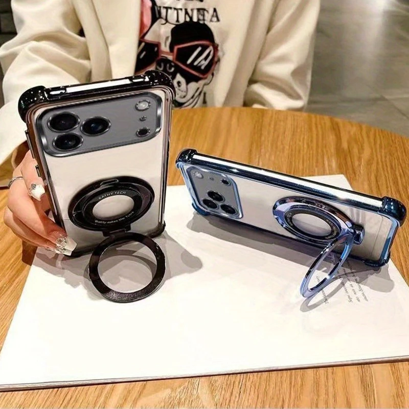 Plating Transparent Camera Lens Protector Cover for IPhone 17 Pro Max 16 15 14 13 12 11 17 Air with Ring Stand Holder Clear Case