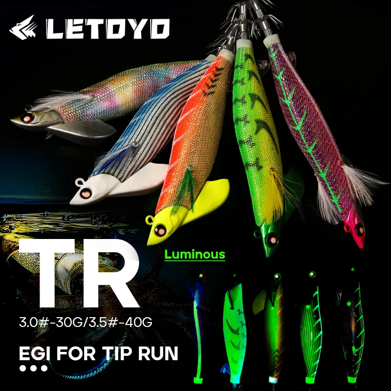 LETOYO 30g 40g Señuelo de pesca de calamar TR, señuelo luminoso de hundimiento, aparejo en tándem, señuelos de camarón de madera, cebo artificial para pulpo y calamar.