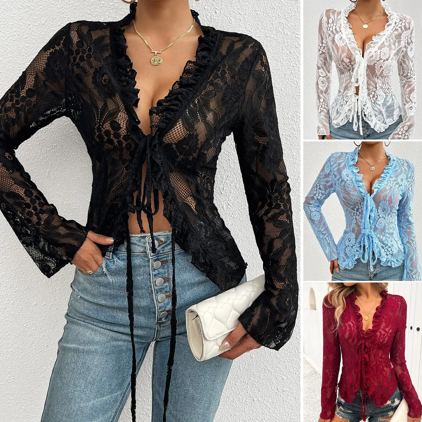 2025 Summer Women's Long Sleeve Tops Slim Fit Lace Up Female Tops Embroidery Lace Hollow Out Lady's Top With Ruffles Women's Top