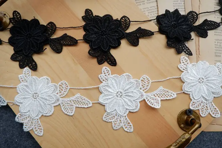 Flower Embroidery Lace Fabric Trim, DIY Sewing Applique, Guipure Craft Decor, White and Black, 2Yards