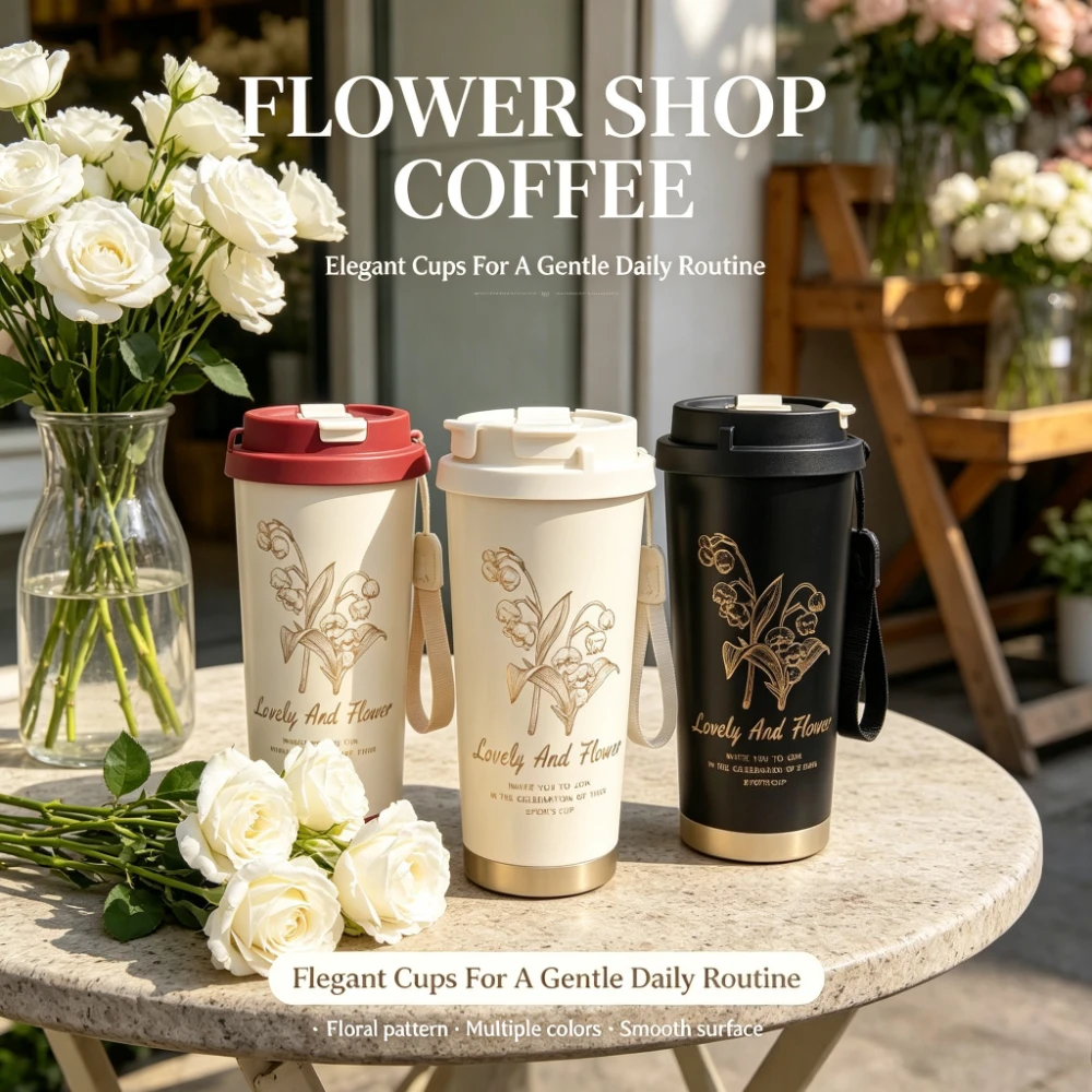 Vintage Lily of the Valley Insulated Tumbler | Elegant Portable Coffee Mug with Strap — Leak-Proof Floral Travel Cup for Office & Commute