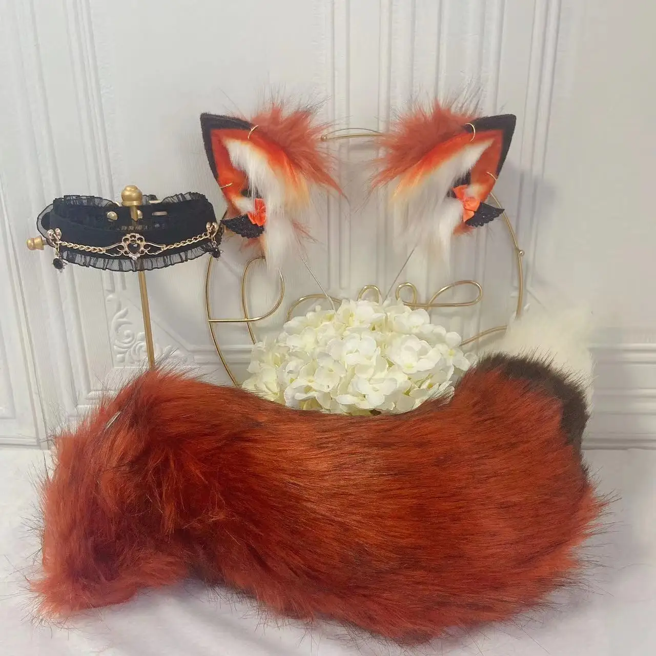 New Red Fox  Ears Hairhoop Tail Set  Earrings Necklace Cosplay Cat Necko Headband Headwear For Party Set