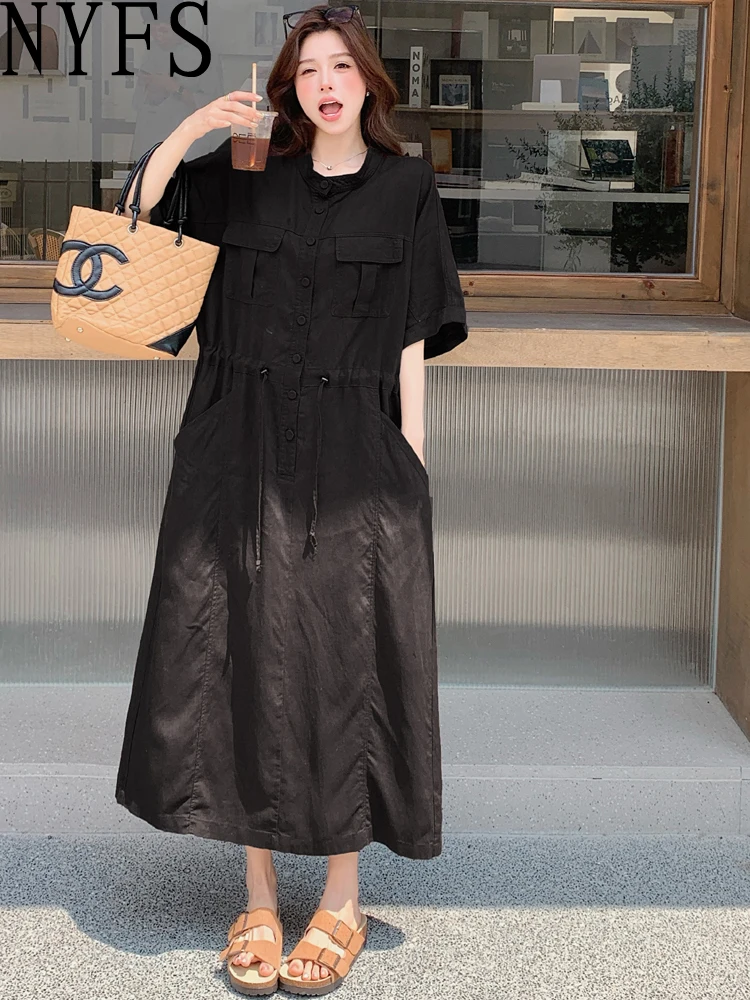 

NYFS plus Size Women's Dress Summer 2025 Loose Solid Long Dresses Robe Elbise Short Sleeve Korean Style